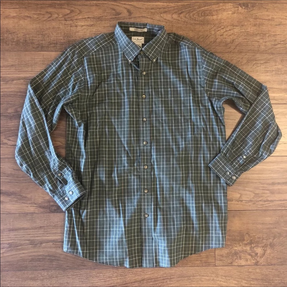 LL Bean Mens Shirt Size LT Green Plaid Long Sleeve Wrinkle Resistant Cotton